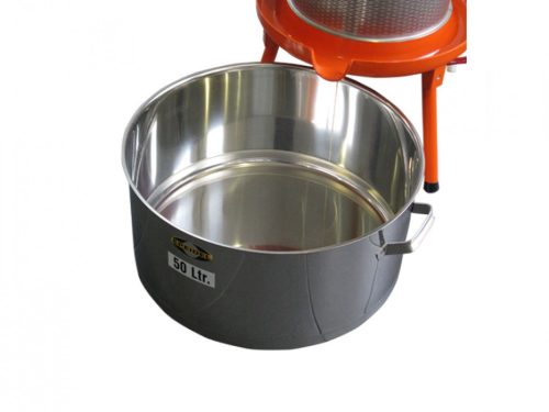 Nemesacél gyűjtőedény, 50 literes, Speidel a hirdaulikus prés kifolyónyílása alatt