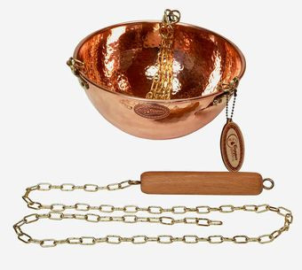 Függeszthető vörösréz tál, láncok és hosszabbító a fogóval