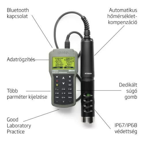 Többparaméteres vízminőségmérő Bluetooth kapcsolattal – Hanna HI98494 EC, TDS, DO, pH, ORP, fajlagos ellenállás, sótartalom, tengervíz-fajsúly, légköri nyomás, hőmérséklet