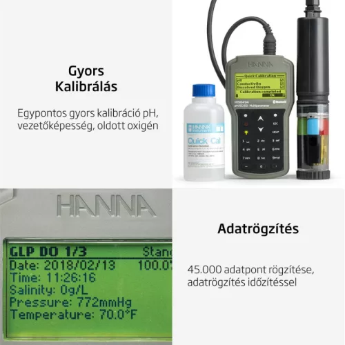 Többparaméteres vízminőségmérő Bluetooth kapcsolattal – Hanna HI98494 EC, TDS, DO, pH, ORP, fajlagos ellenállás, sótartalom, tengervíz-fajsúly, légköri nyomás, hőmérséklet